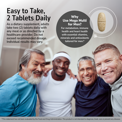 Four men smiling indoors with a product advertisement overlay and product directions
