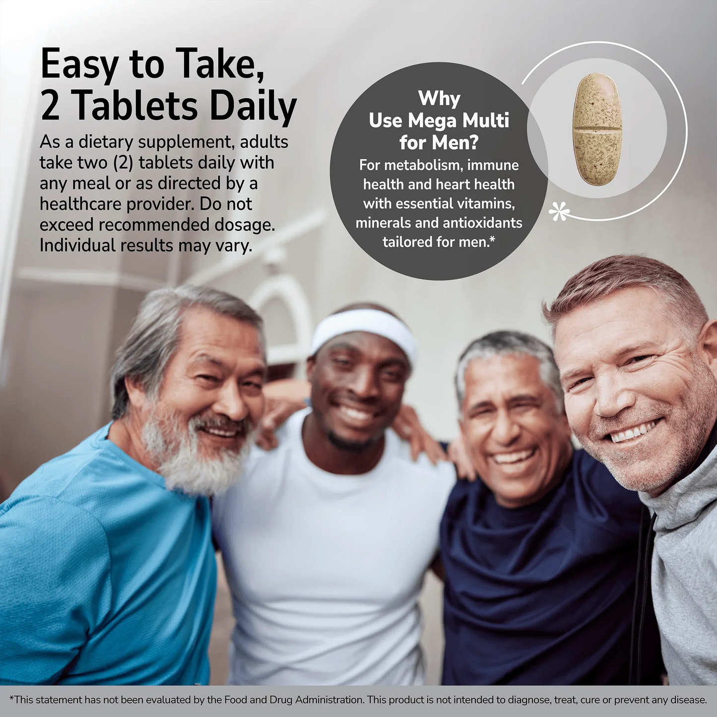 Happy men smiling indoors with a product advertisement overlay and product directions