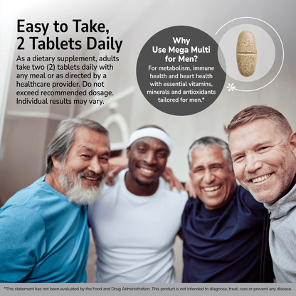 Happy men smiling indoors with a product advertisement overlay and product directions