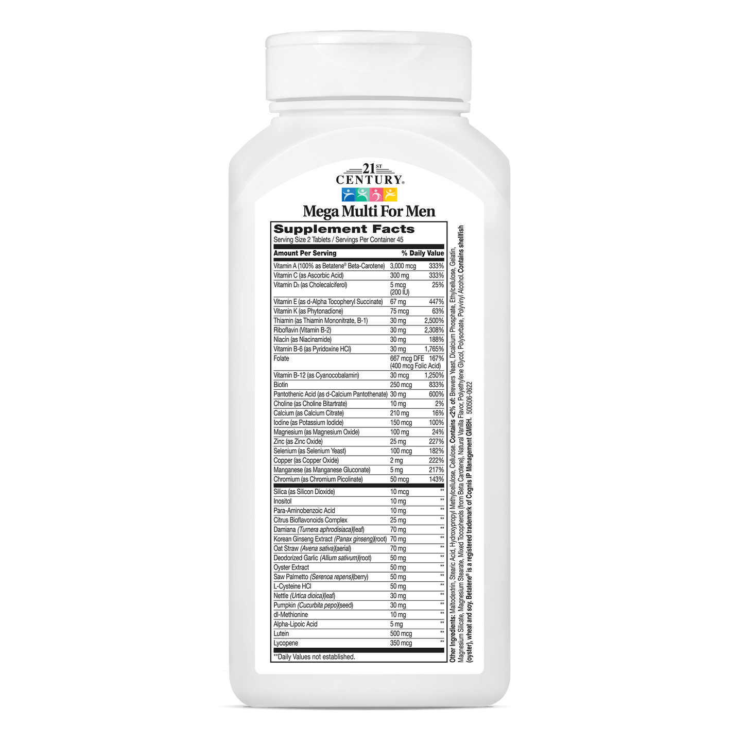 Back side bottle view of 21st Century Mega Multi Mens Multivitamin and Multimineral tablets.
