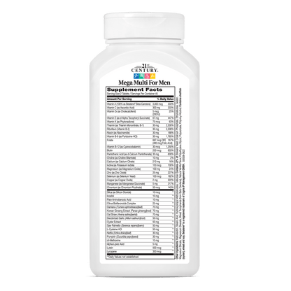 Back side bottle view of 21st Century Mega Multi Mens Multivitamin and Multimineral tablets.
