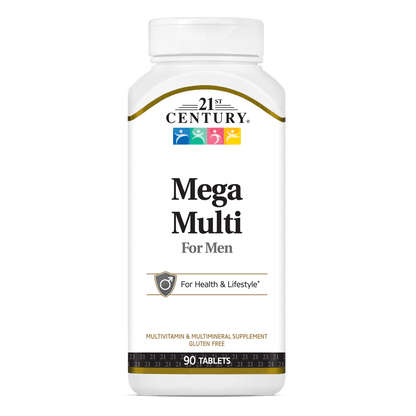 A bottle of 21st Century Mega Multi Mens Multivitamin and Multimineral tablets.
