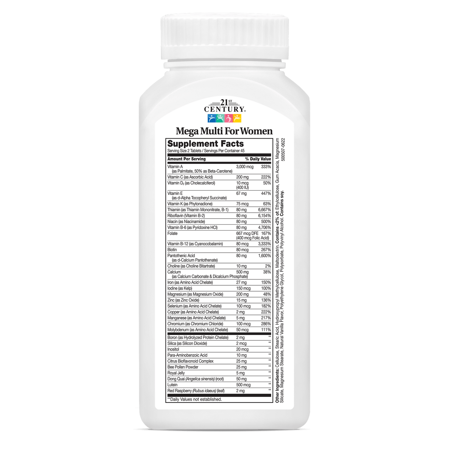 Back side bottle view of 21st Century Mega Multi Women's Multivitamin and Multimineral tablets.