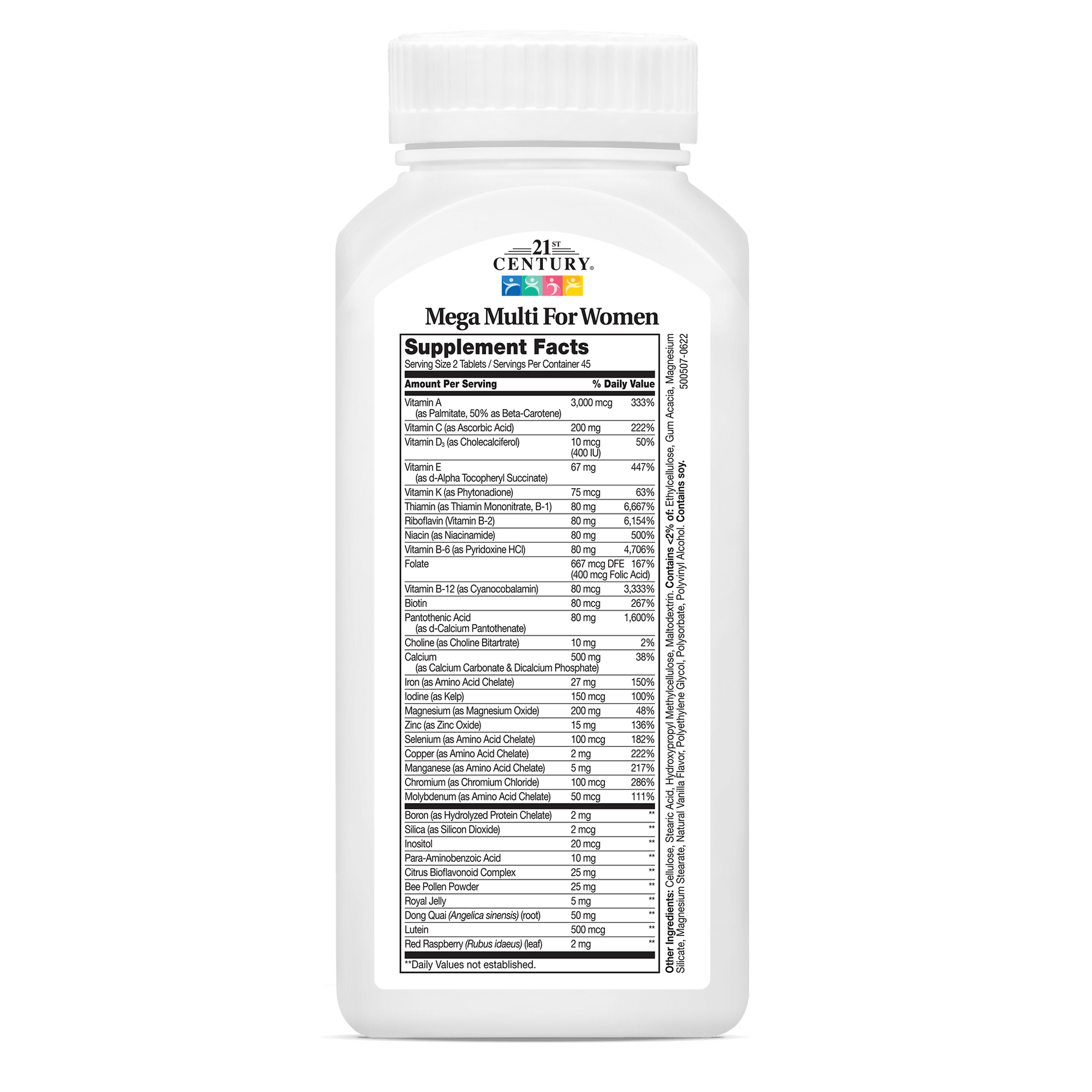 Back side bottle view of 21st Century Mega Multi Women's Multivitamin and Multimineral tablets.