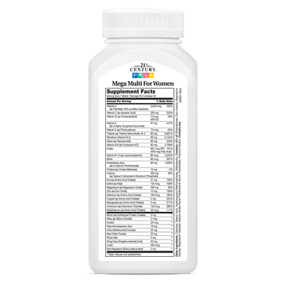 Back side bottle view of 21st Century Mega Multi Women's Multivitamin and Multimineral tablets.