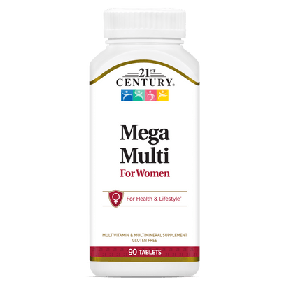 A bottle of 21st Century Mega Multi Women's Multivitamin and Multimineral tablets.