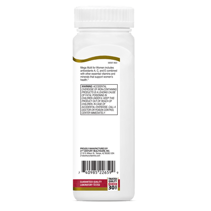 Right side bottle view of 21st Century Mega Multi Women's Multivitamin and Multimineral tablets.