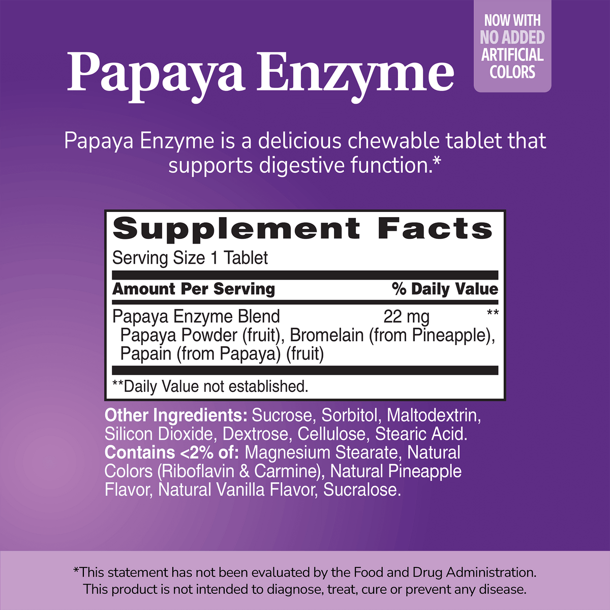 Supplement label for Papaya Enzyme with ingredient list and serving size on a purple background 
