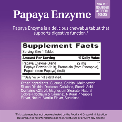Supplement label for Papaya Enzyme with ingredient list and serving size on a purple background 