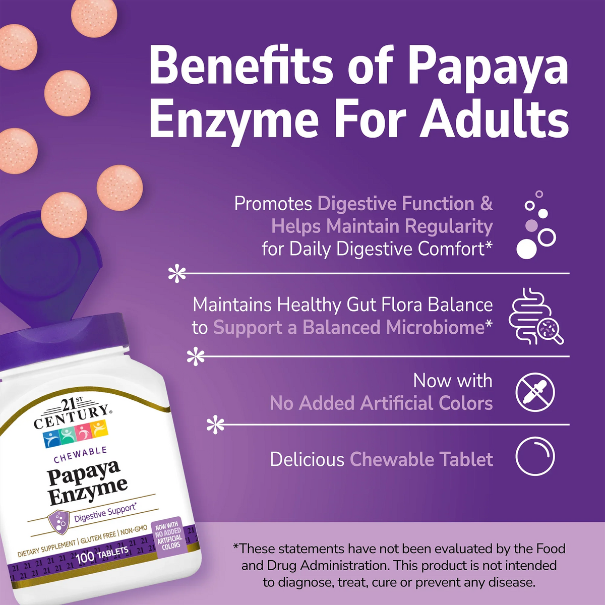 21st Century Papaya Enzyme supplement bottle with pills spilling out and white text on a purple background