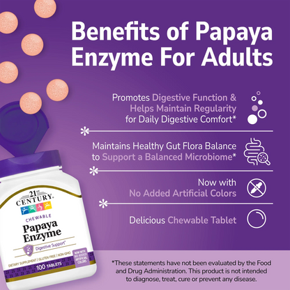 21st Century Papaya Enzyme supplement bottle with pills spilling out and white text on a purple background