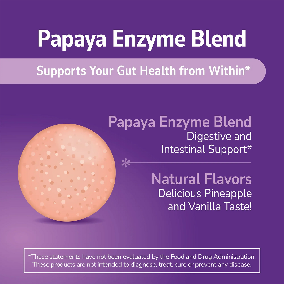 Papaya Enzyme supplement with text about product benefits on a purple background