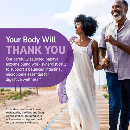 Couple walking on a beach with health supplement information overlay