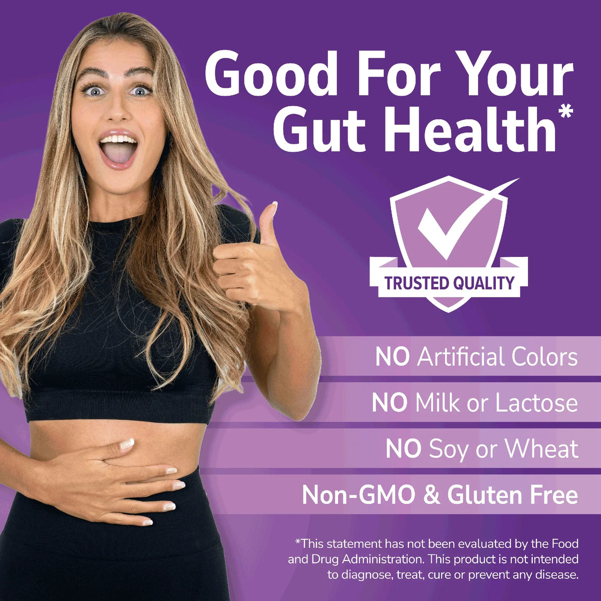 Woman holding her hand out with Good For You branding on a purple background and No Added info