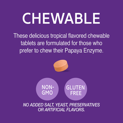 A graphic with a papaya enzyme chewable tablet and the words these delicious tropical flavored chewable tablets are formulate for those who prefer to chew their papaya enzymes, no added salt, yeast, preservatives or artificial flavors, non-GMO and gluten free.