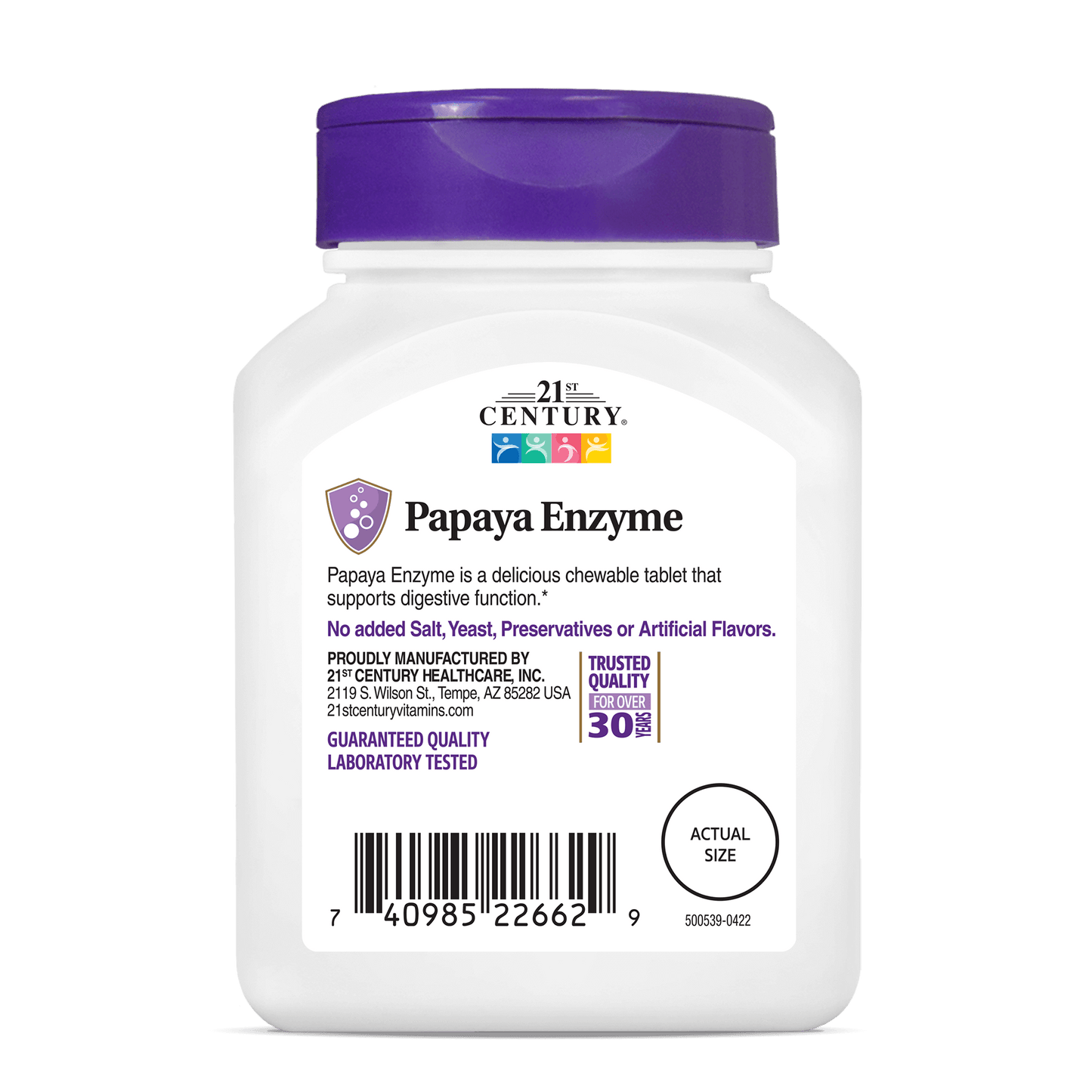 Back side bottle view of 21st Century Papaya Enzyme chewable tablets.