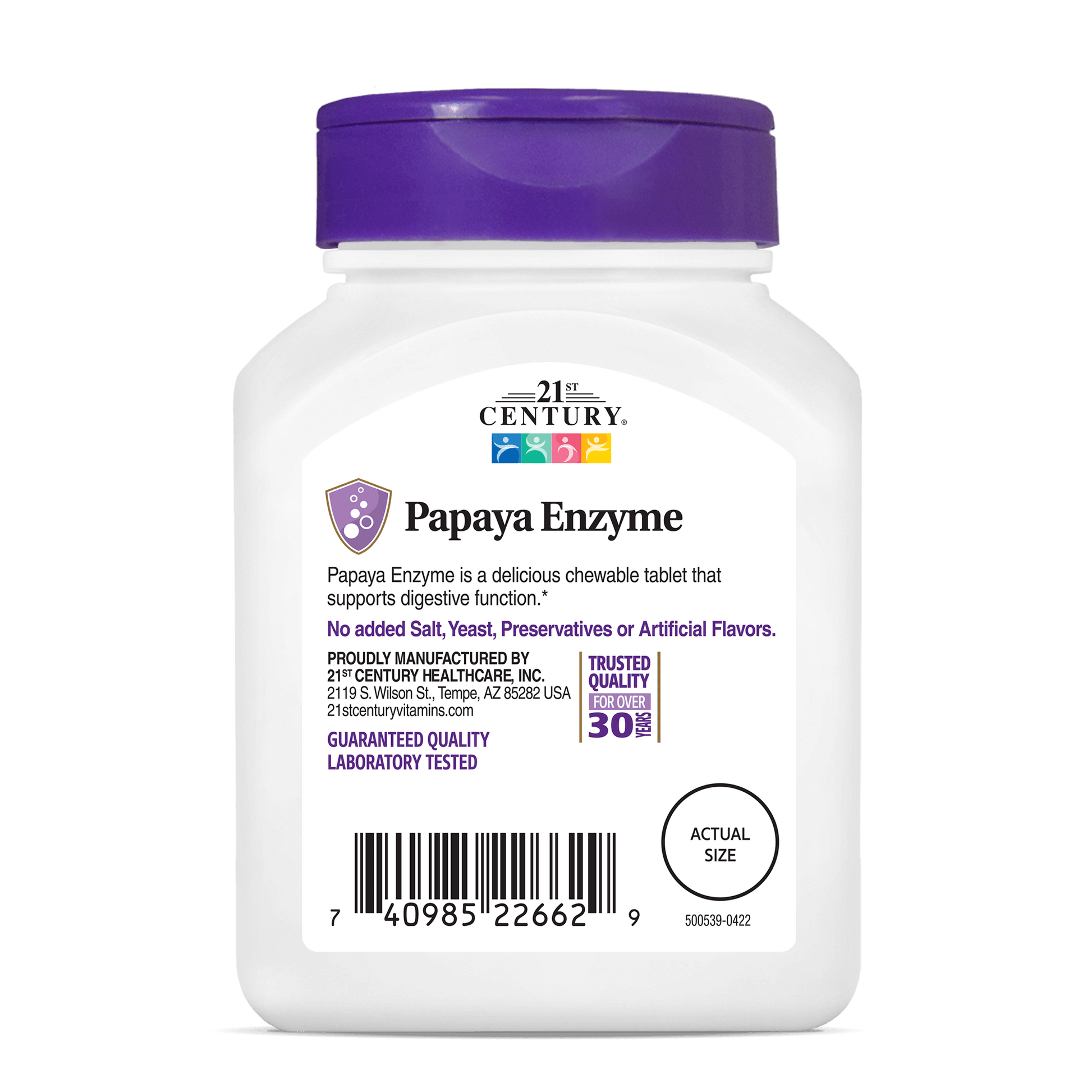 Back side bottle view of 21st Century Papaya Enzyme chewable tablets.