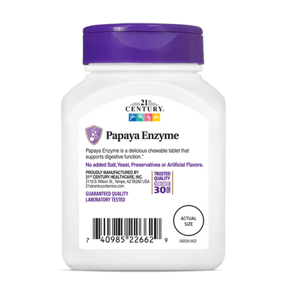 Back side bottle view of 21st Century Papaya Enzyme chewable tablets.