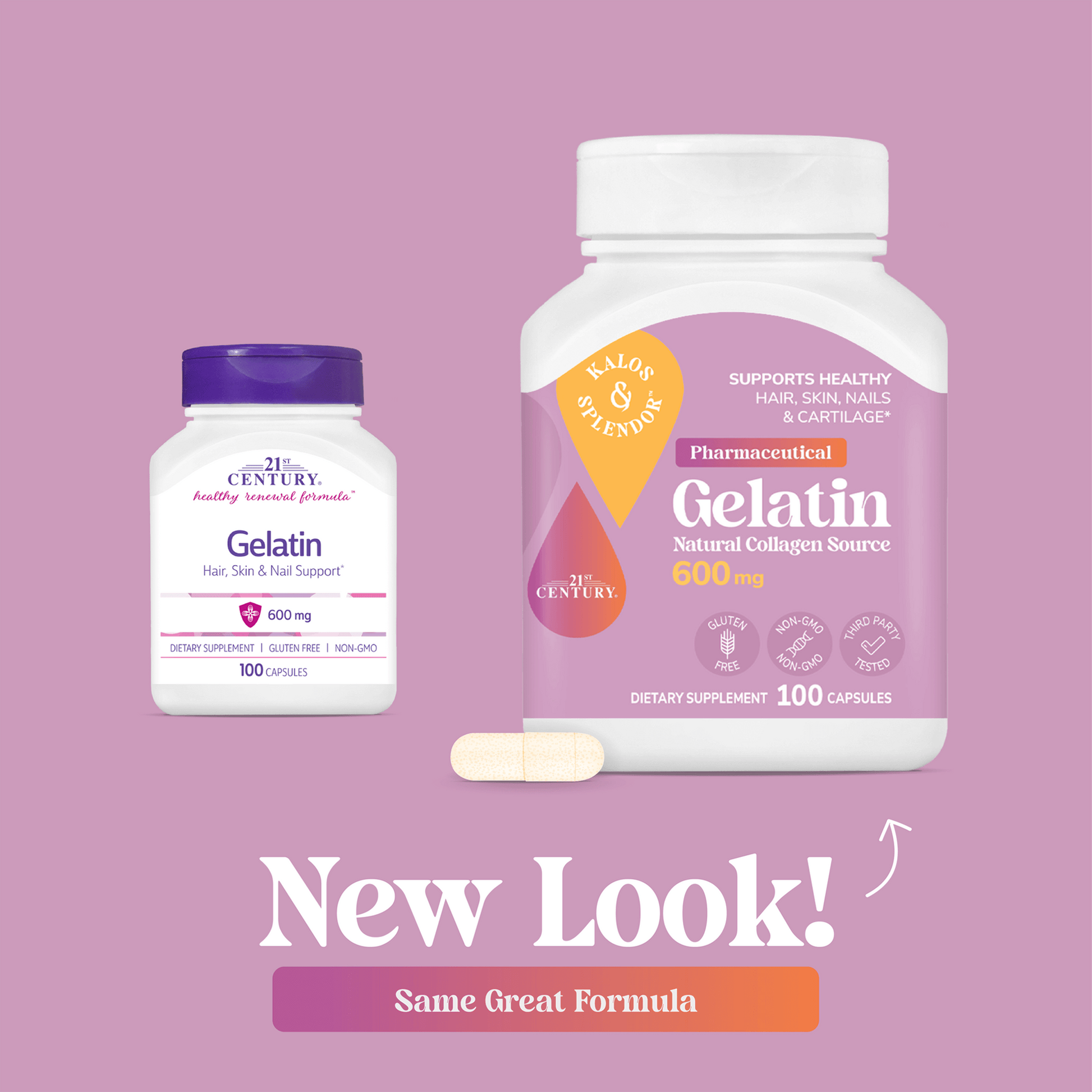 Two bottles of 21st Century Gelatin on a purple background with 'New Look!' text.