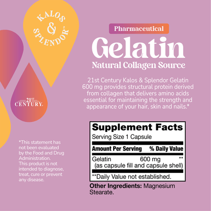 Supplement label for Kalos & Splendor Gelatin on a purple background