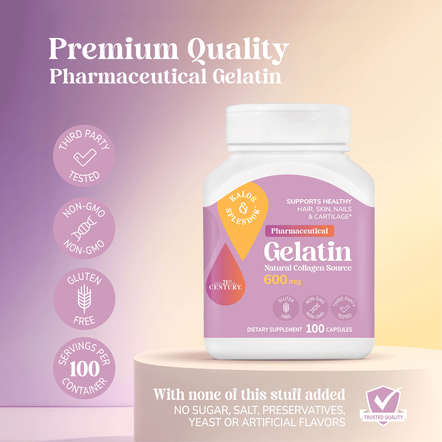 Bottle of Kalos & Splendor Pharmaceutical Gelatin with certification icons on a gradient background