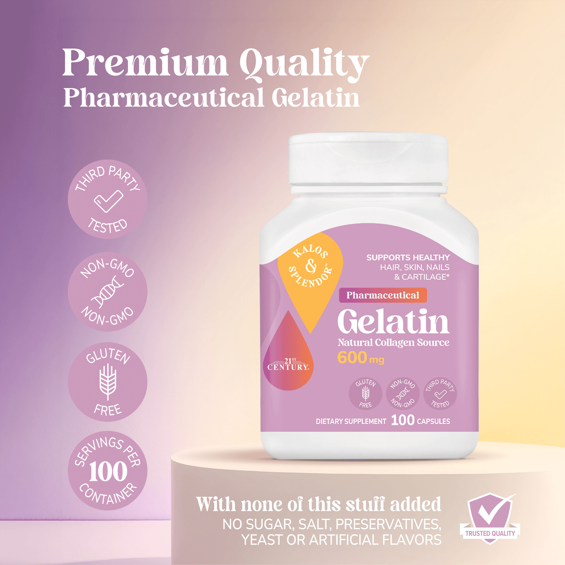 Bottle of Kalos & Splendor Pharmaceutical Gelatin with certification icons on a gradient background