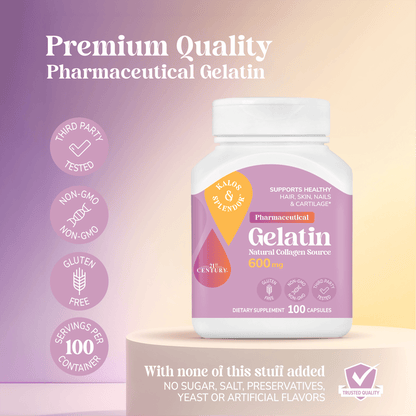 Bottle of Kalos & Splendor Pharmaceutical Gelatin with certification icons on a gradient background