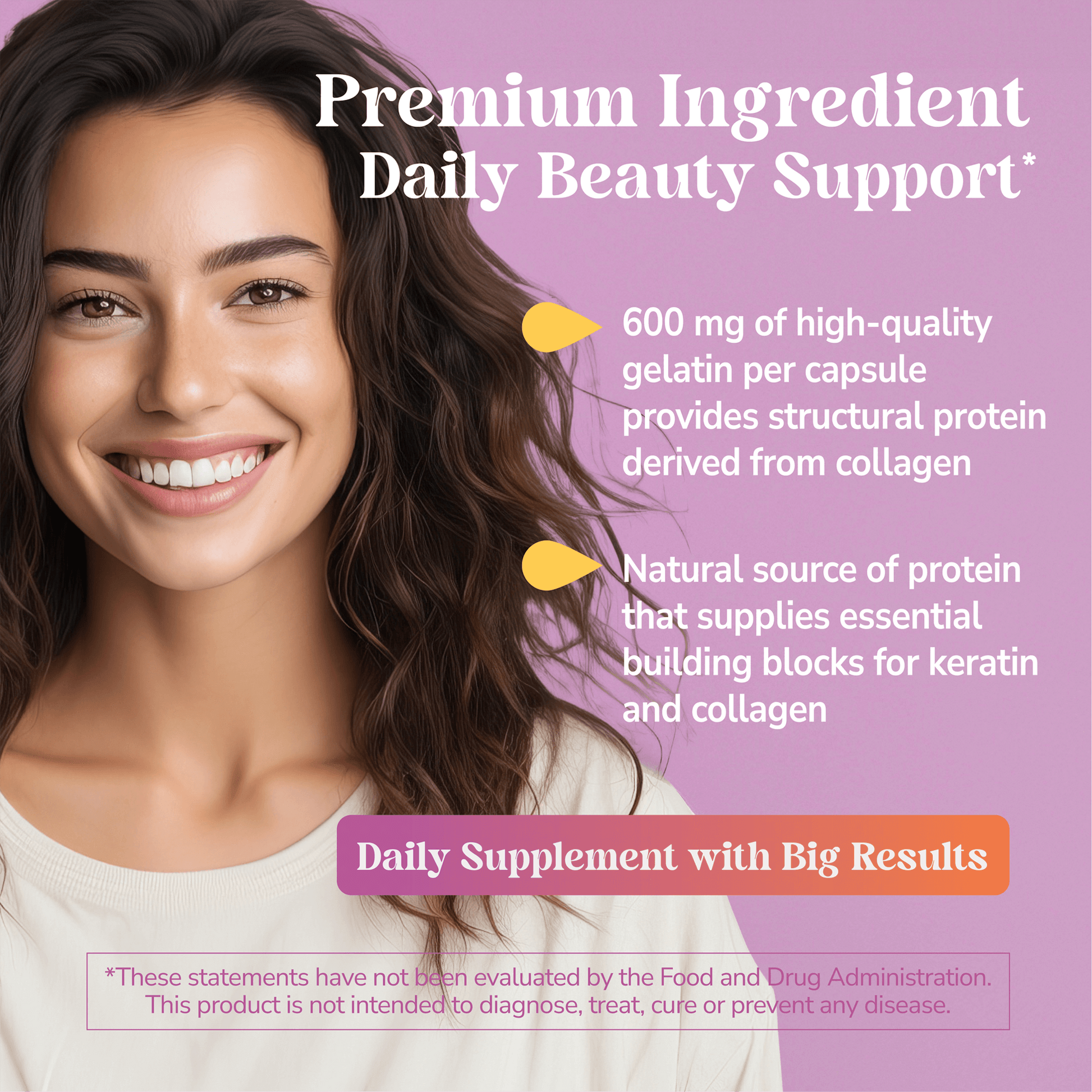 Woman with a smiley face on a purple background with text about daily beauty support supplement Kalos & Splendor 
