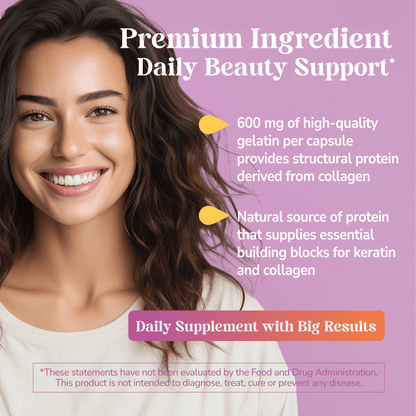 Woman with a smiley face on a purple background with text about daily beauty support supplement Kalos & Splendor 