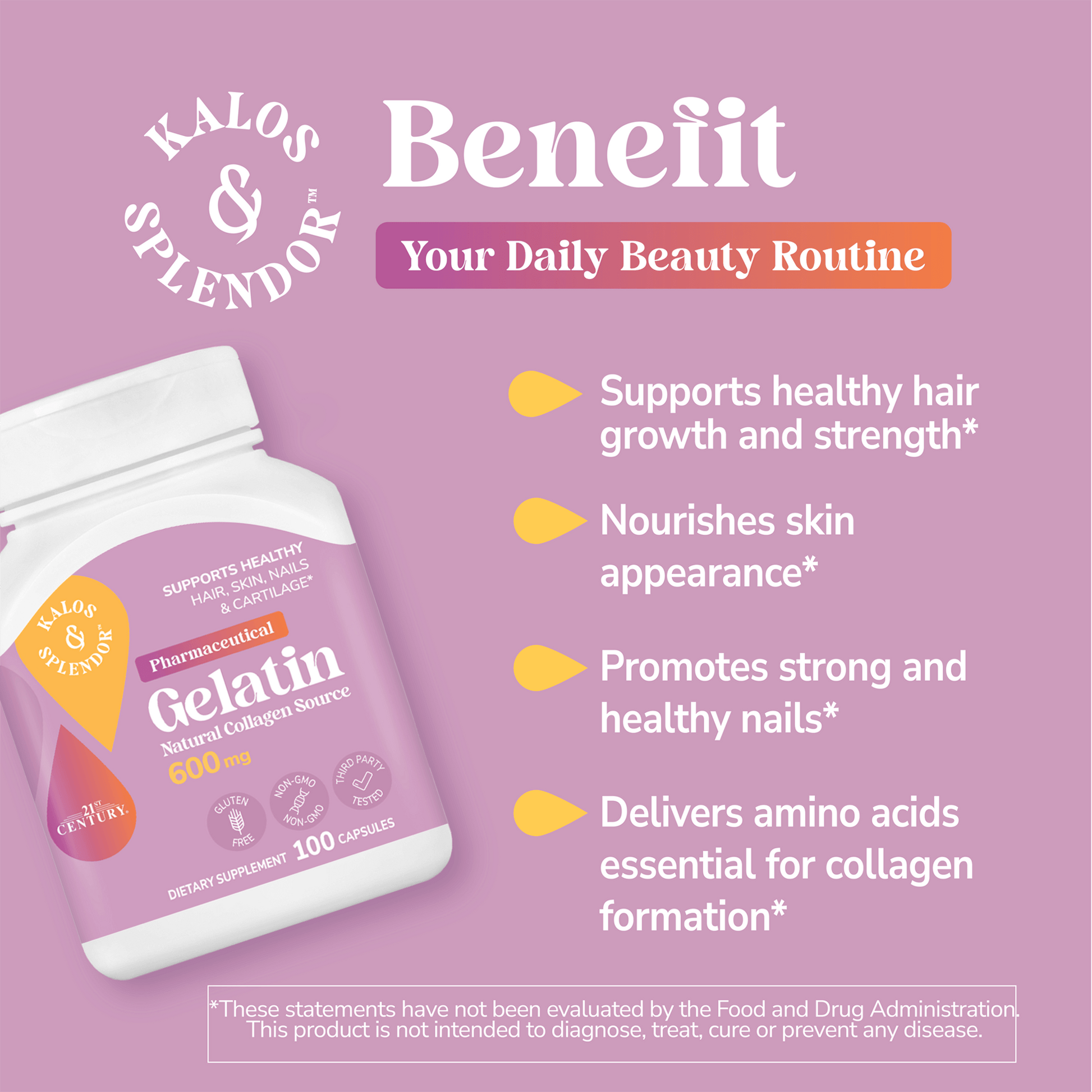 Kalos & Splendor supplement bottle with text highlighting benefits on a purple background