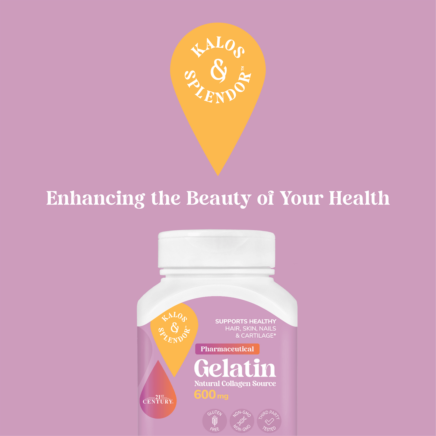 Bottle of Kalos & Splendor Gelatin on a pink background with brand logo and text.