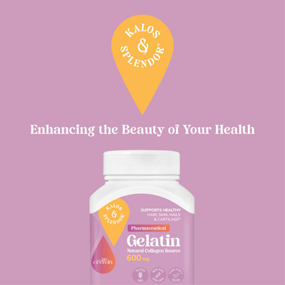 Bottle of Kalos & Splendor Gelatin on a pink background with brand logo and text.