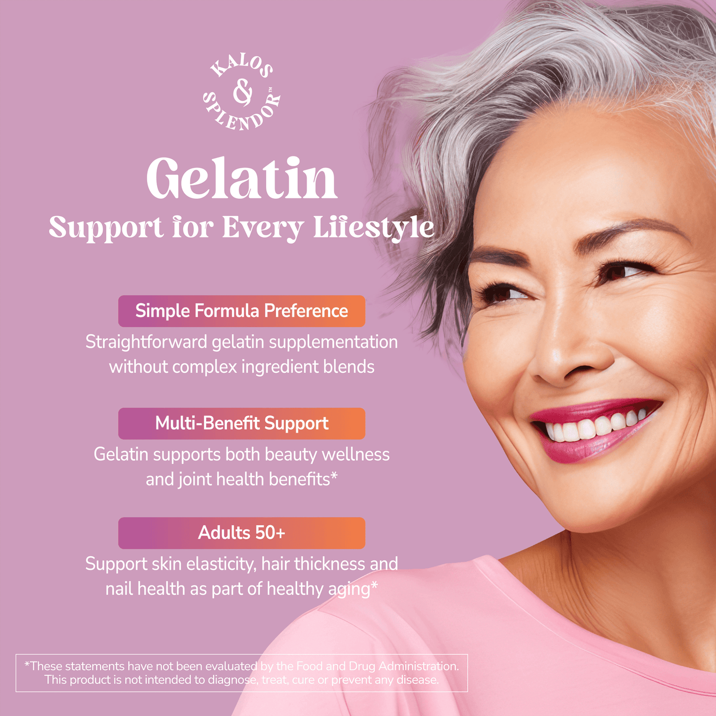 Advertisement for Kalos & Splendor gelatin supplementation with a woman on a pink background
