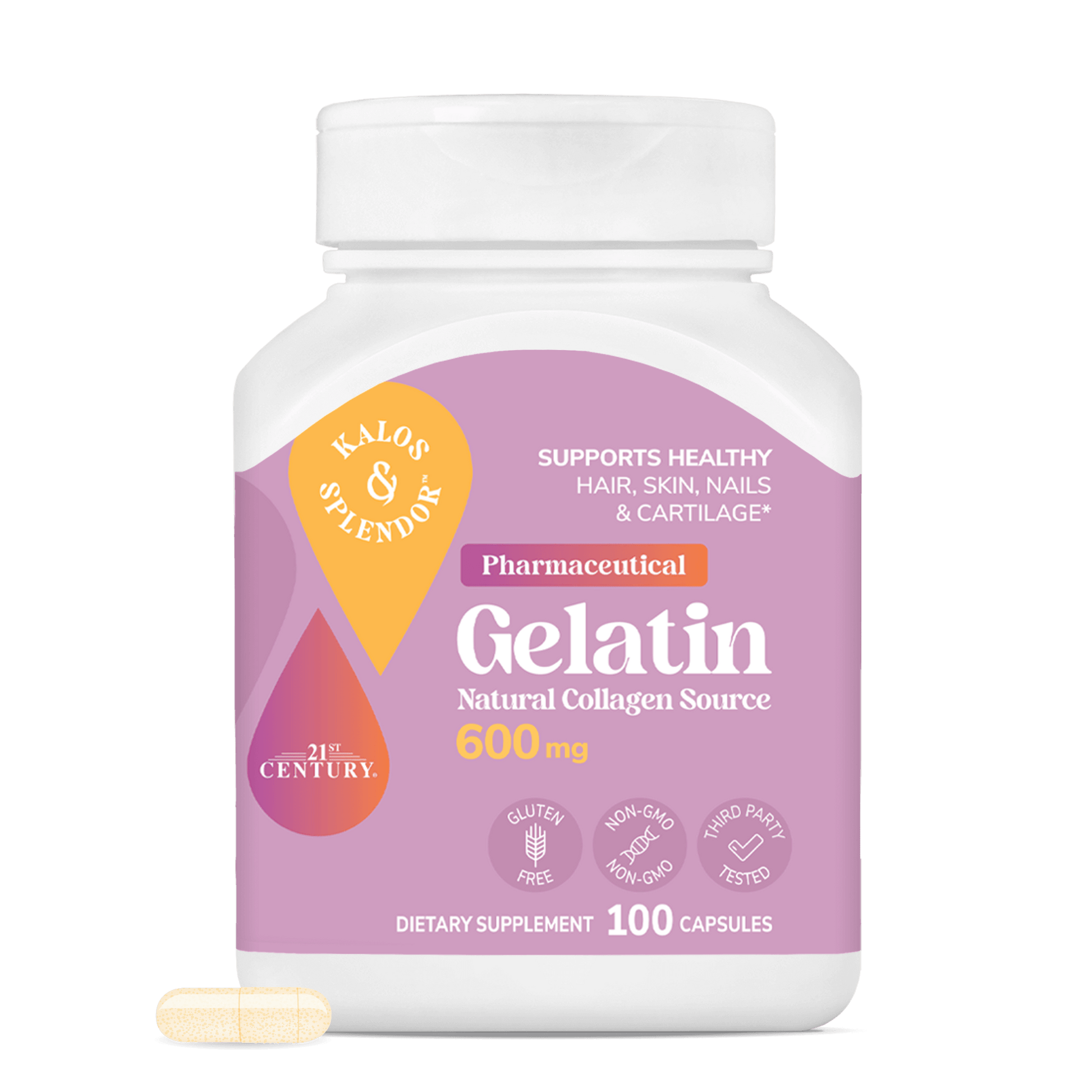 Supplement bottle labeled 'Kalos & Splendor Pharmaceutical Gelatin' with a purple label on a white background