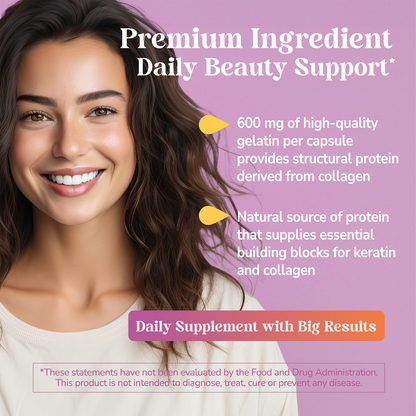 Kalos & Splendor Gelatin with text about product benefits on a pink background