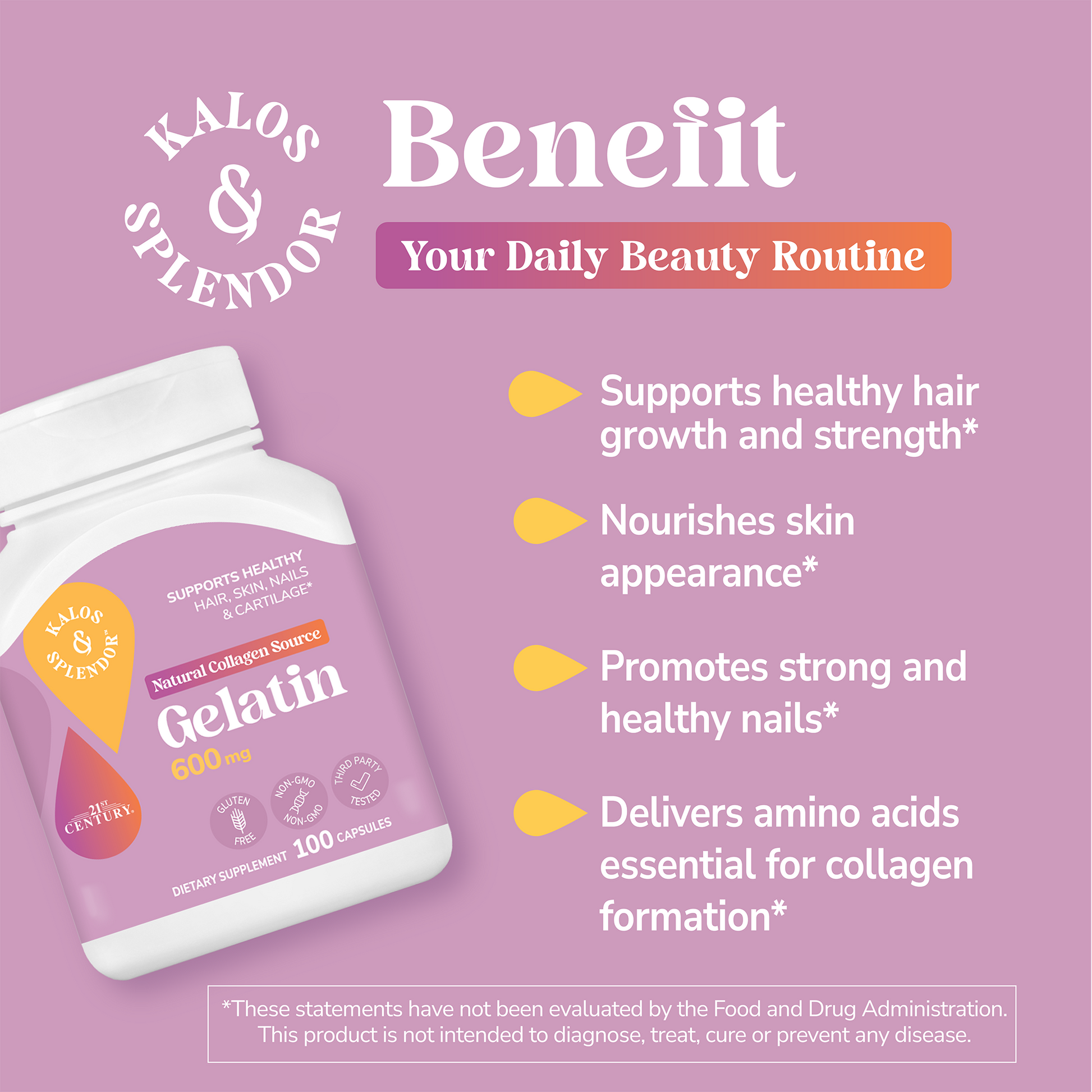 21st Century Kalos & Splendor Gelatin supplement bottle and white text on a pink background