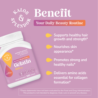 21st Century Kalos & Splendor Gelatin supplement bottle and white text on a pink background