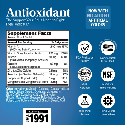 Supplement label for Antioxidant with ingredient list and serving size on a blue background with quality image icons 