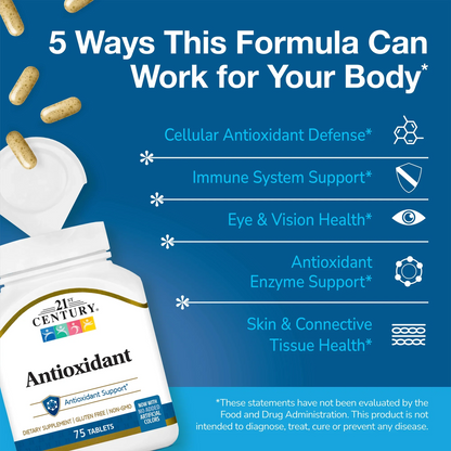 21st Century Antioxidant supplement bottle with pills spilling out and white text on a blue background