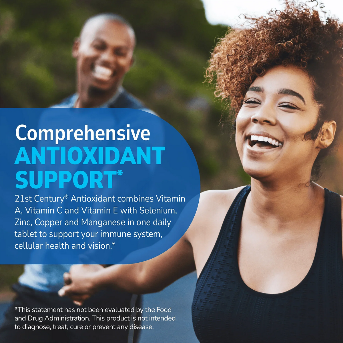 Couple outside with health supplement information overlay