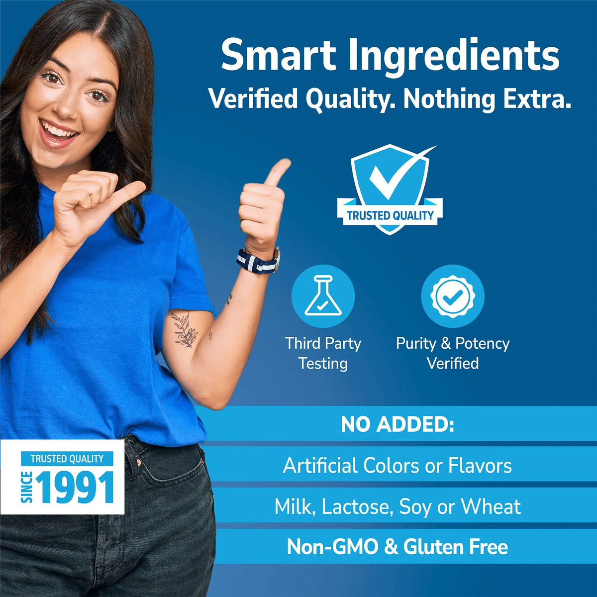 Woman holding her hand out with Smart Ingredients branding on a blue background and No Added info