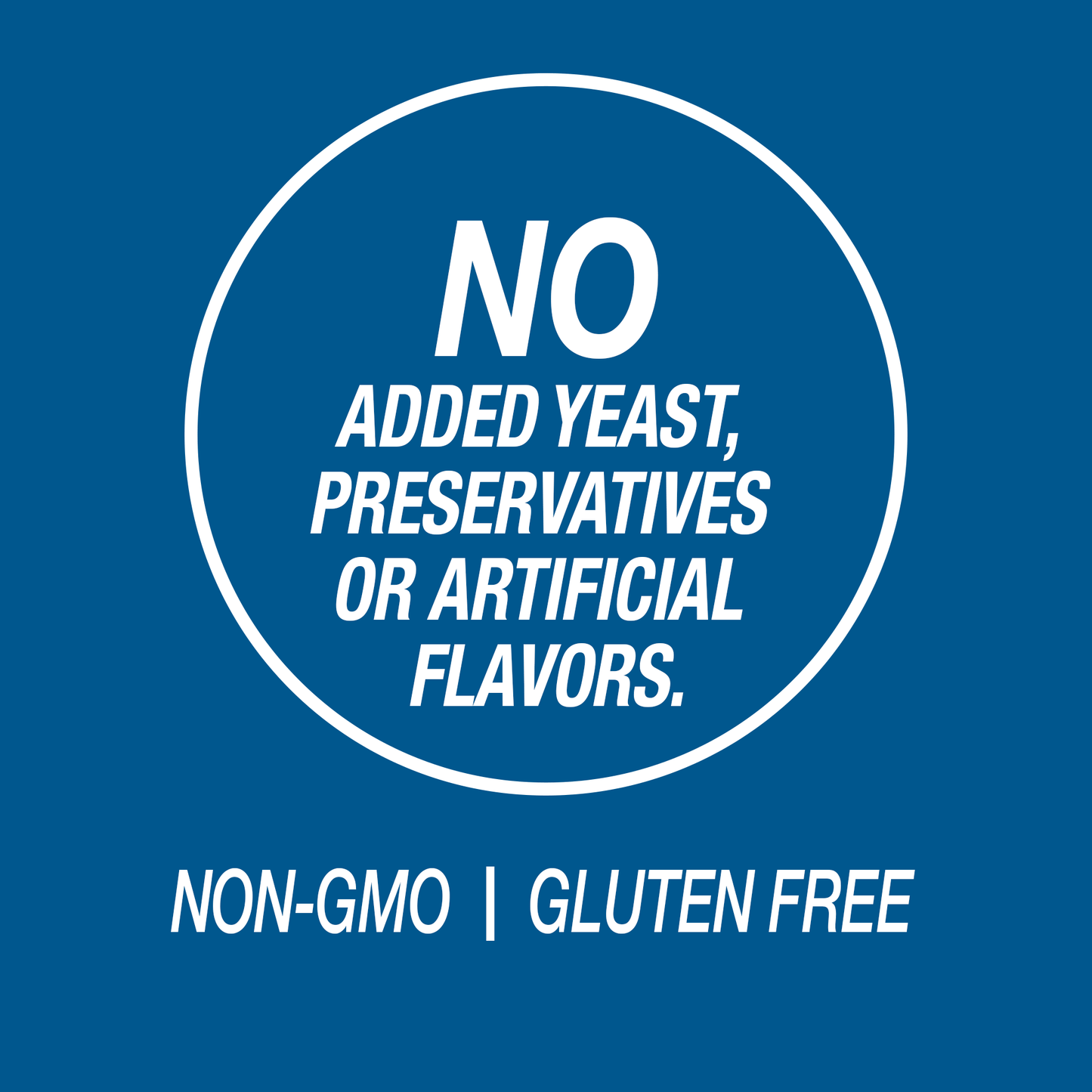 A graphic icon with the words no added yeast, preservatives or artificial flavors, non-GMO and gluten free.
