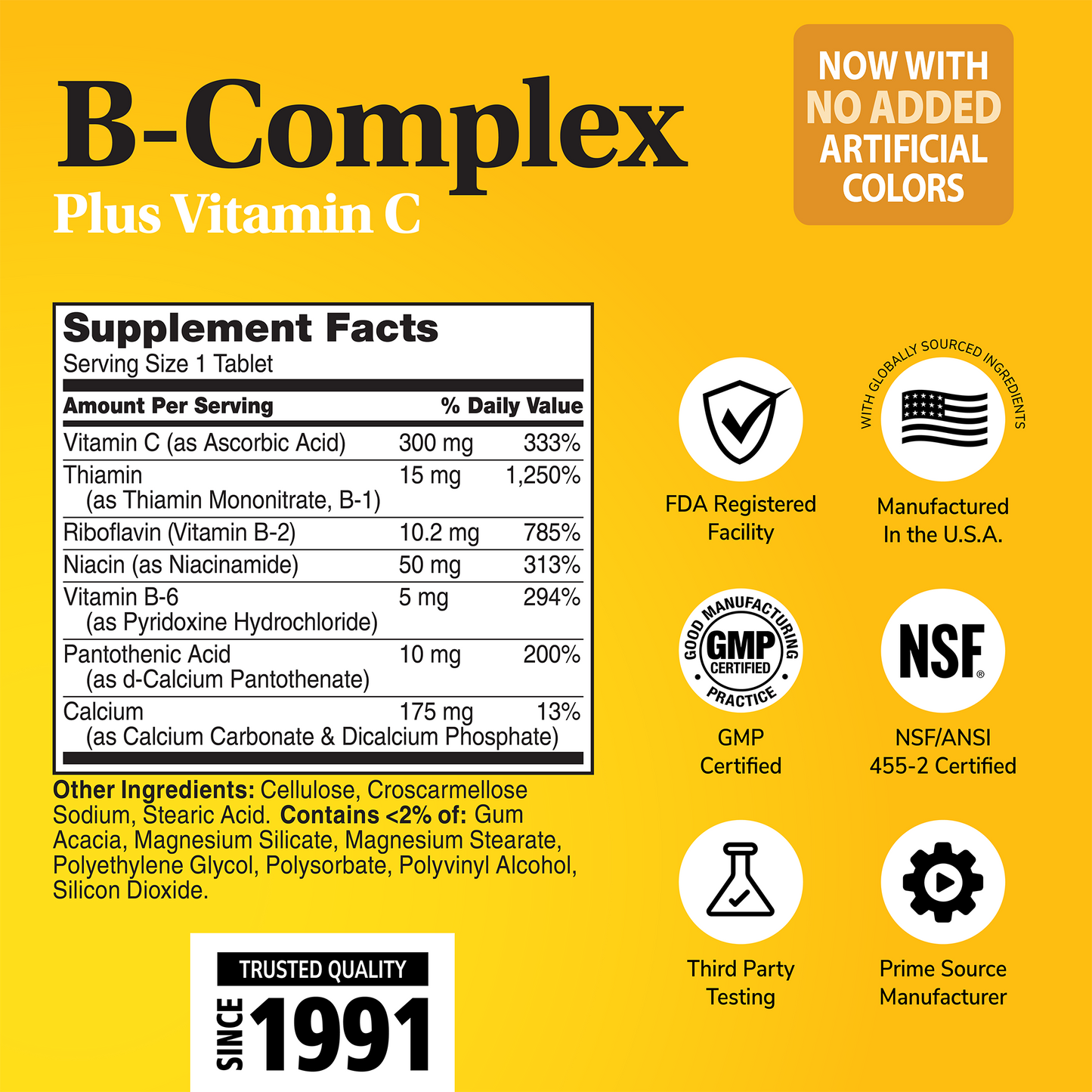 Supplement label for B-Complex plus Vitamin C with ingredient list and serving size on a gold background with quality image icons 