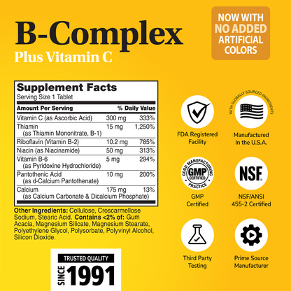 Supplement label for B-Complex plus Vitamin C with ingredient list and serving size on a gold background with quality image icons 