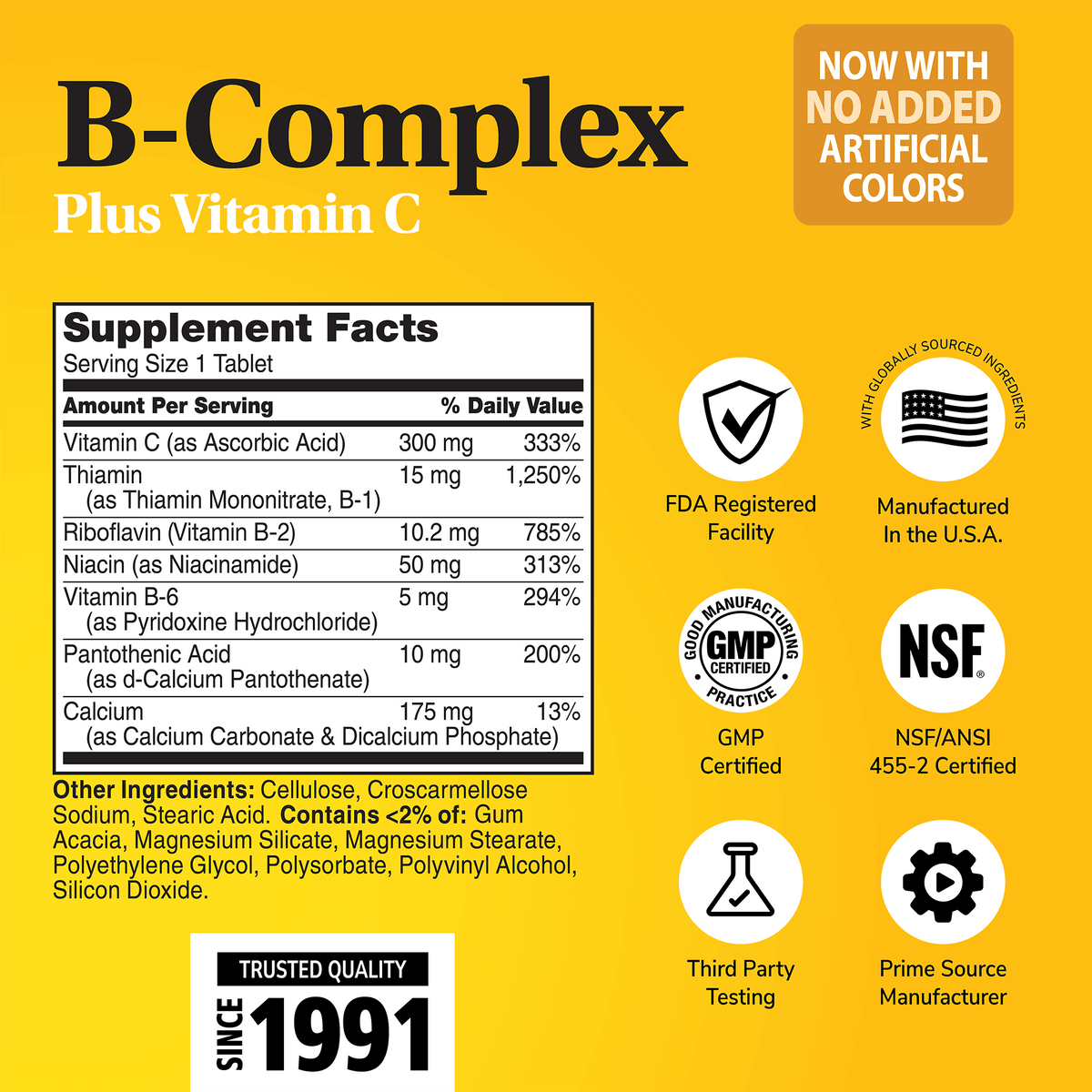Supplement label for B-Complex Plus Vitamin C with ingredient list and serving size on a gold background with quality image icons 