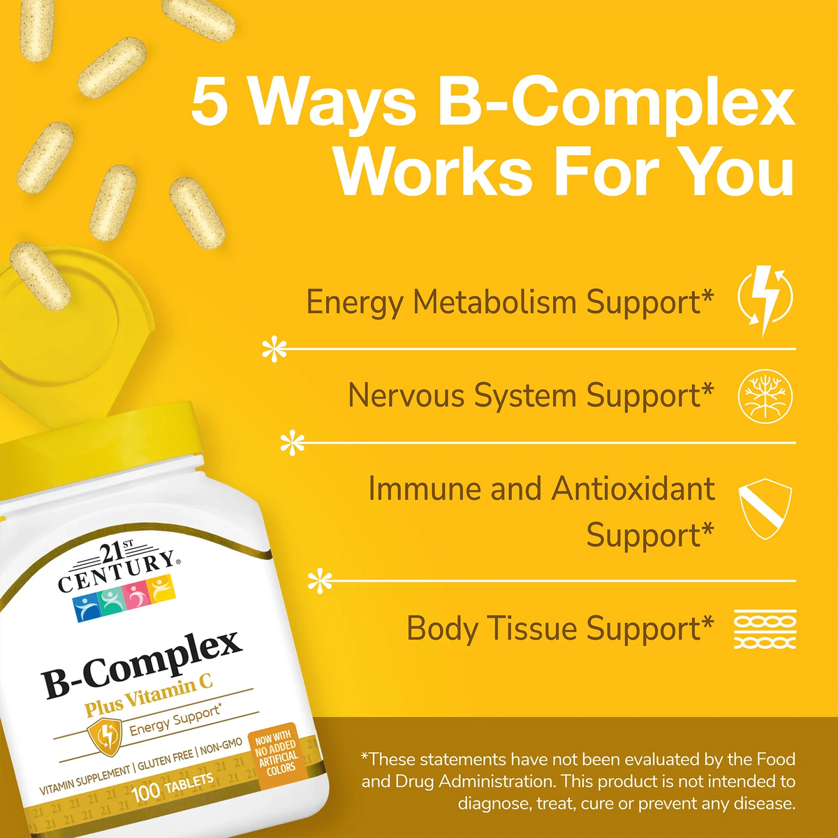 21st Century B-Complex Plus Vitamin C supplement bottle with pills spilling out and white text on a gold background