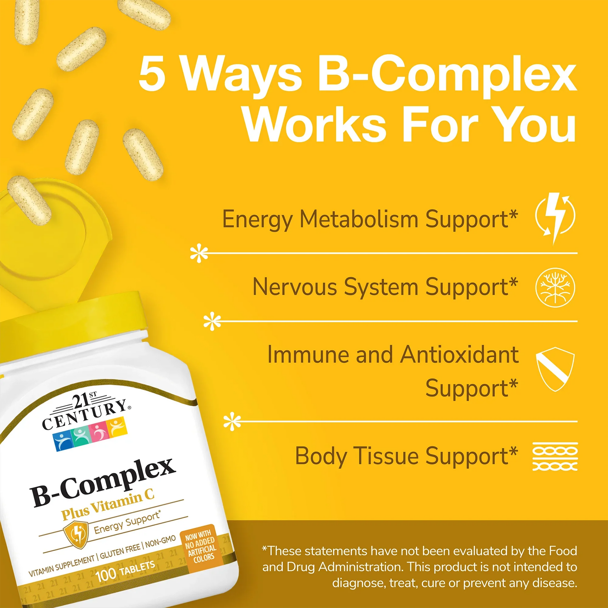 21st Century B-Complex Plus Vitamin C supplement bottle with pills spilling out and white text on a gold background