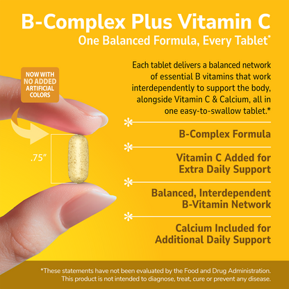 Hand holding a B-Complex plus Vitamin C supplement with text about product benefits on a gold background