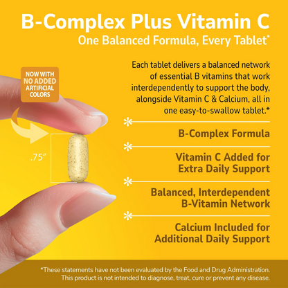 Hand holding a B-Complex Plus Vitamin C with text about product benefits on a gold background