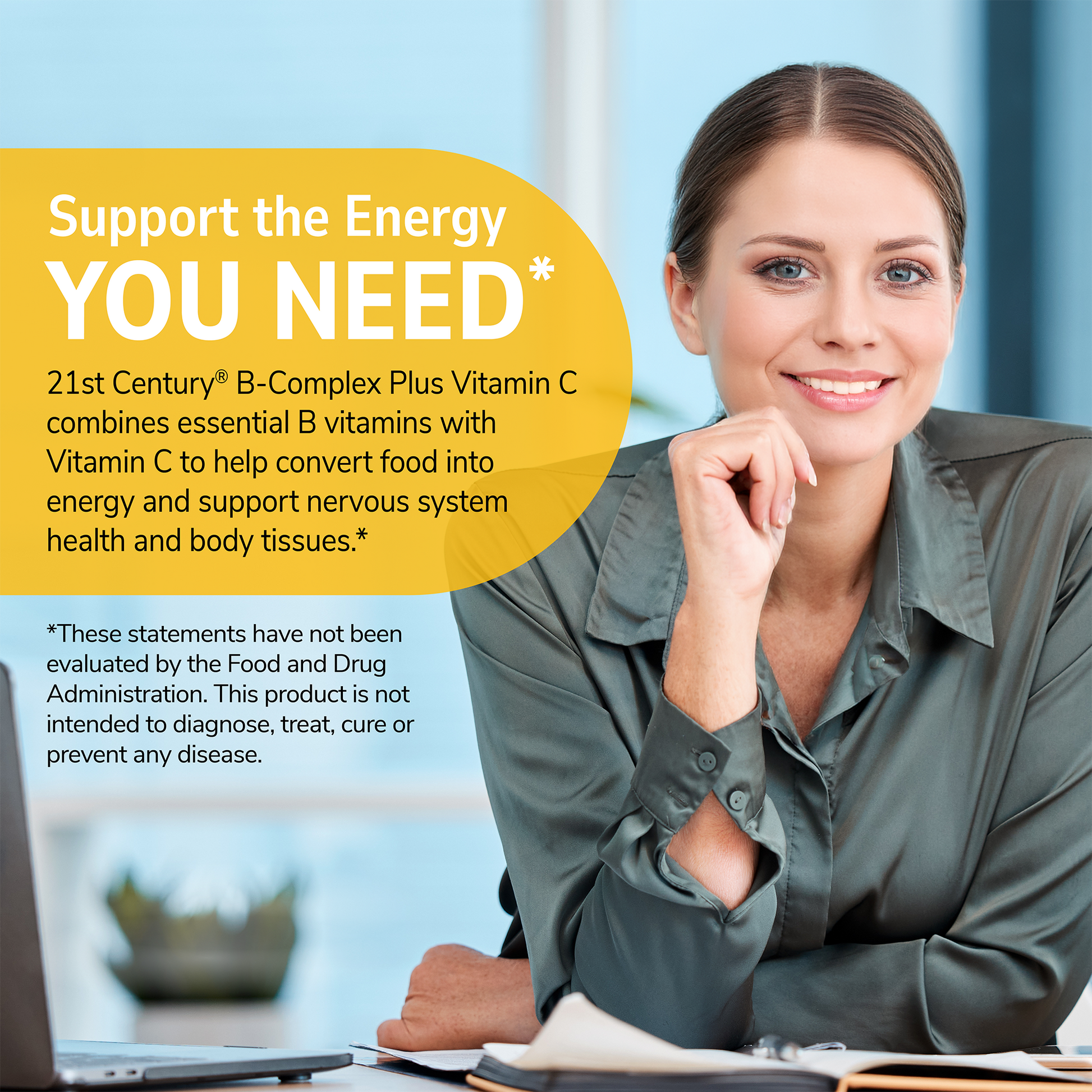 Happy woman with health supplement information overlay